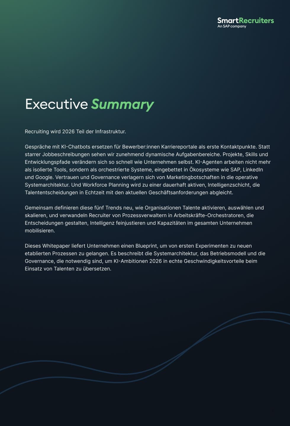 Executive Summary cover on a dark gradient background with a green 'Summary' in the title, German text blocks, and the SmartRecruiters logo in the top-right corner.